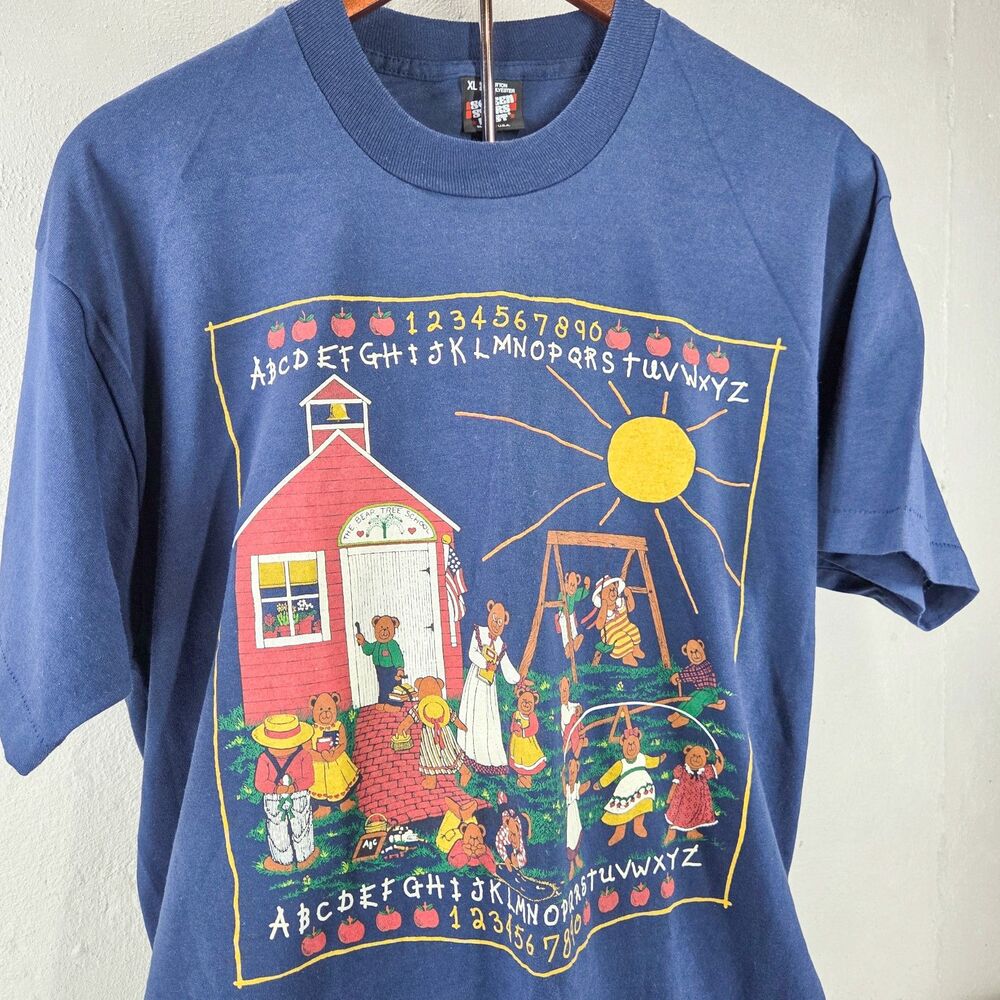 Vintage 90s Screen Stars Bear Tree School Teacher Graphic Shirt Sz XL